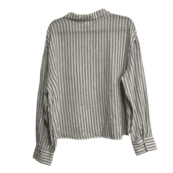 Rachel Zoe Blouse Popover Top Green White Stripe 100% Linen Flax Womens XL - Picture 2 of 4